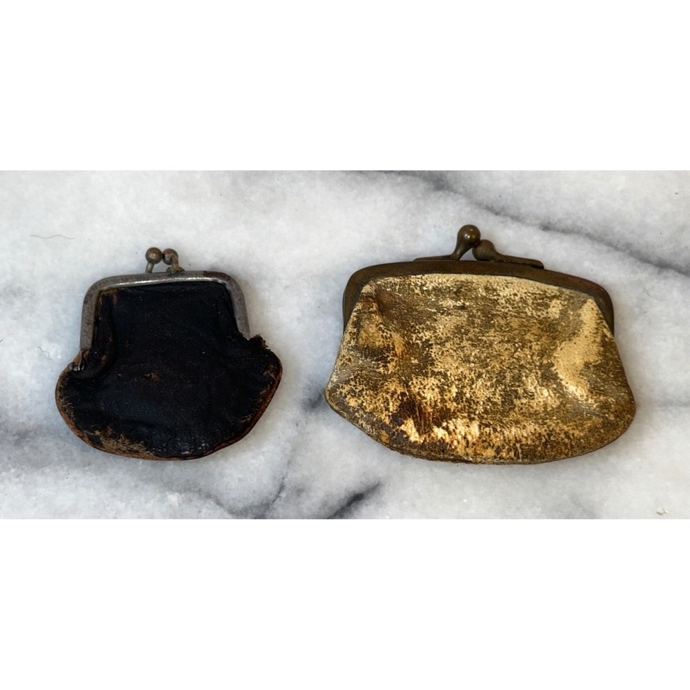 Vintage Antique Leather Coin Purse Set Kiss Lock Metal Frame Distressed 2pc
